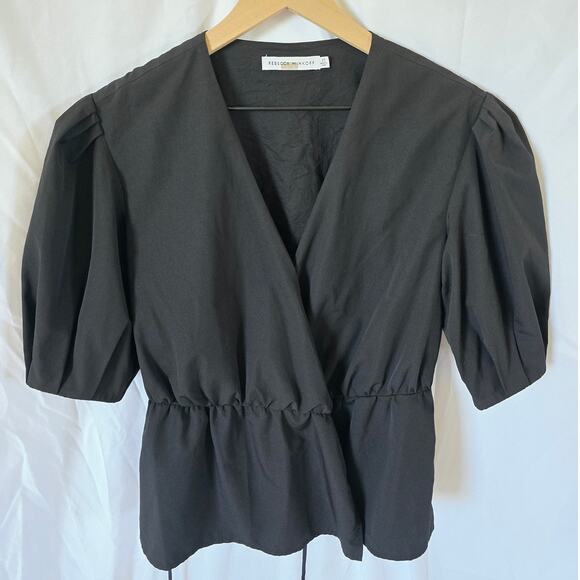 Rebecca Minkoff Mary Wrap Blouse Size XS Black Crepe Puff Sleeve V-Neck - Picture 2 of 4
